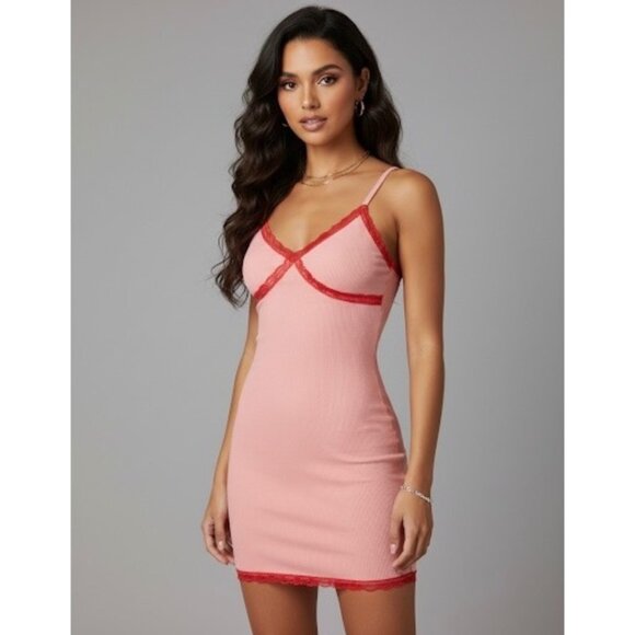 Wild Fable Pink Red Lace Trim Mini Dress • Coquette Babydoll Grunge Y2K Revive S - Picture 1 of 13